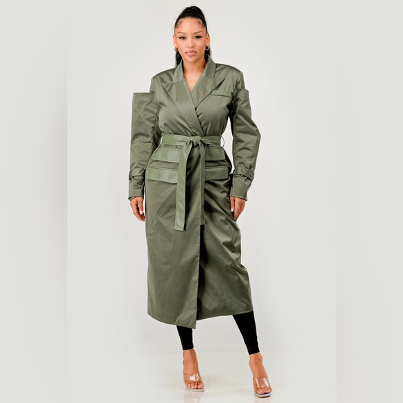 Olive Green Women's Trench Coat/with belt - Picture 8 of 8